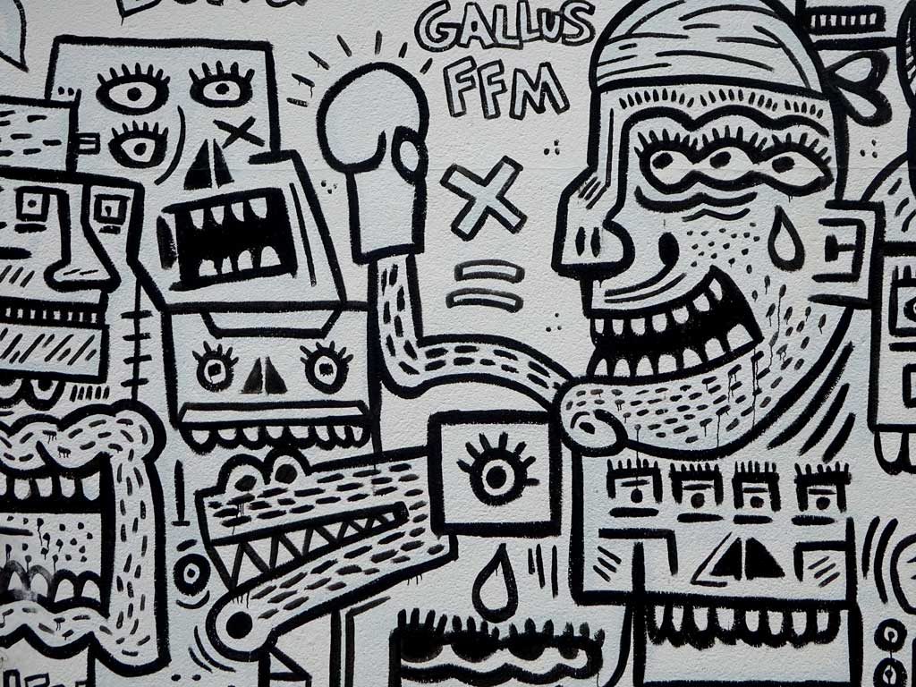 Monochrom gestaltete Motivwelt die aus vielen kleinen Figuren besteht