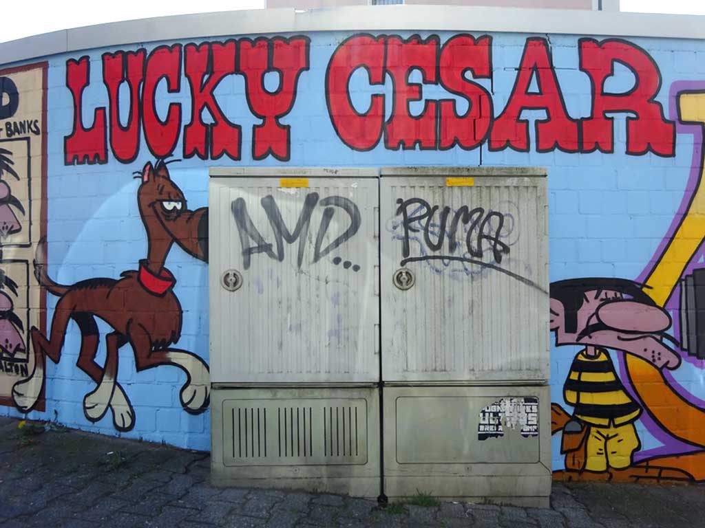 Lucky Luke, Rantanplan und die Daltons-Bande auf Mauerwerk in Frankfurt-Bornheim
